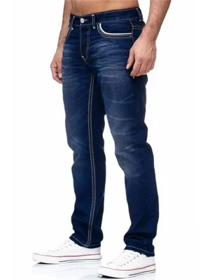 Men Jeans Solid Pockets Stretch Denim Straight Pants Spring Summer Business Casual Trousers Daily Streetwear Men's Clothing