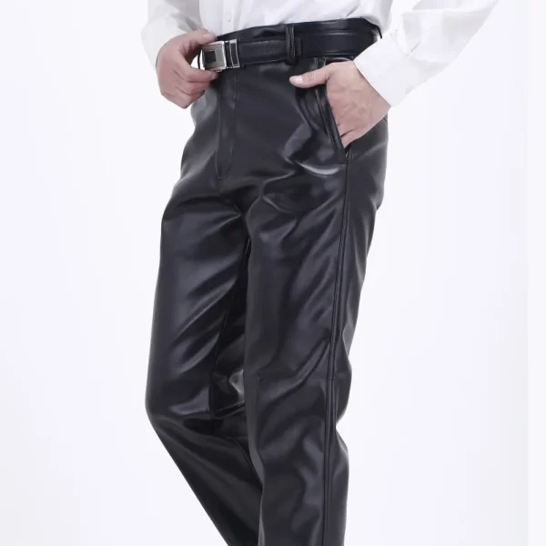 Men's Leather Pants Straight Fit Elastic PU Leather Trousers Motorcycle Pants Thin