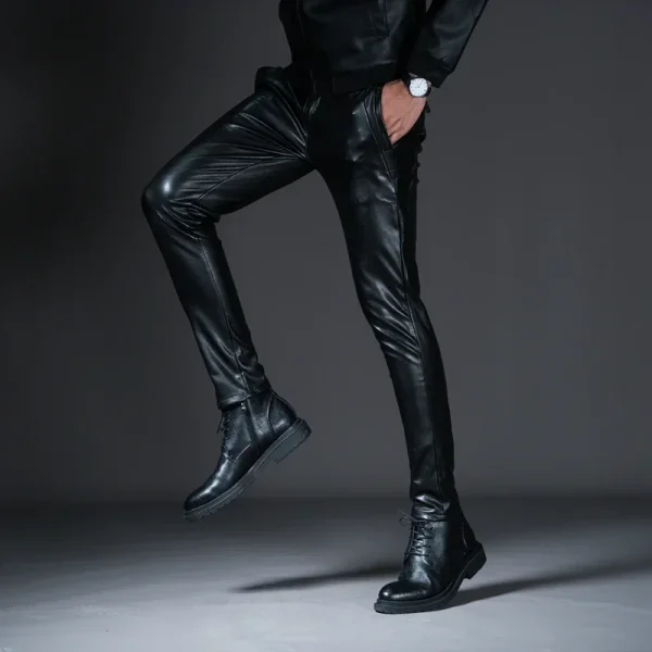 New Mens Skinny Biker Leather Pants Fashion Faux Leather Motorcycle Trousers For Male Stage Club Wear