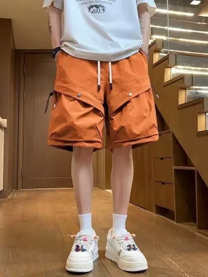 Big Size Elastic Waist Mens Cargo Shorts with Draw String Baggy Loose Oversize Solid Short Pants for Men Wide Designer New In