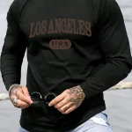 Men's 100% pure cotton loose fit plus size comfortable casual sports Boston letter printed round neck long sleeved T-shirt top