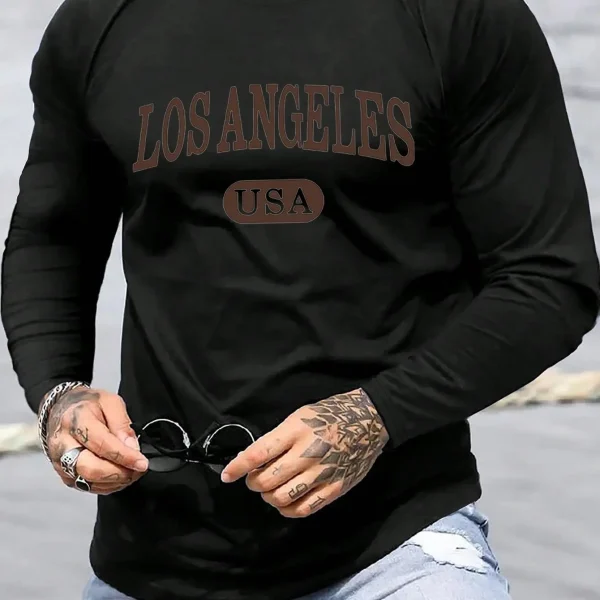 Men's 100% pure cotton loose fit plus size comfortable casual sports Boston letter printed round neck long sleeved T-shirt top
