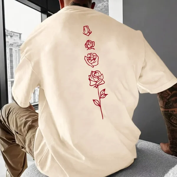 Men's Summer Loose Fit 100 Cotton Rose pattern Print T-shirt Tops