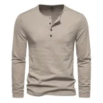 Men Long Sleeved T-shirt Cotton Slim Fit Bottoming Shirt Fitness Tops Tees Button Neck Casual Cozy Tshirt