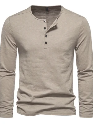 Men Long Sleeved T-shirt Cotton Slim Fit Bottoming Shirt Fitness Tops Tees Button Neck Casual Cozy Tshirt