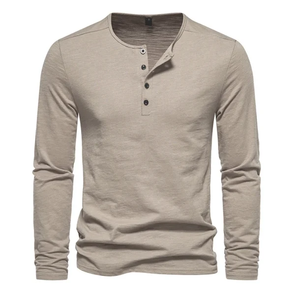 Men Long Sleeved T-shirt Cotton Slim Fit Bottoming Shirt Fitness Tops Tees Button Neck Casual Cozy Tshirt