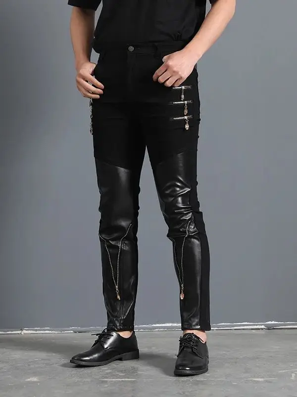 Men`s Gothic Rock Punk Hip Hop Concerts Faux Leather Slim Leisure Stretch skull Zippers Motocycle Rider Biker Pants Trousers