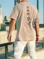Men's Summer Loose Fit 100 Cotton Rose pattern Print T-shirt Tops