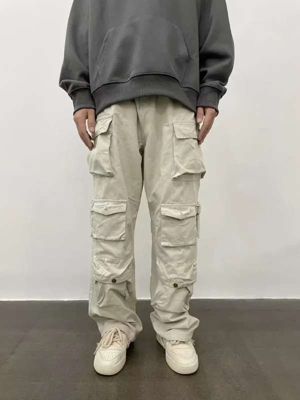 Vintage American Style Multi-pocket Cargo Pants Men Trendy Street Straight-leg Loose-fit Floor-length Wide-leg Trousers