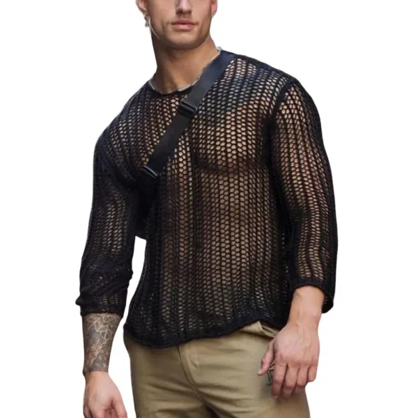 Wear Men Mesh T-shirts Bottoming Shirt Knitted Mesh Top Clothing Autumn Men Knitted Mesh Top Long Sleeve Tees Club Streetwear