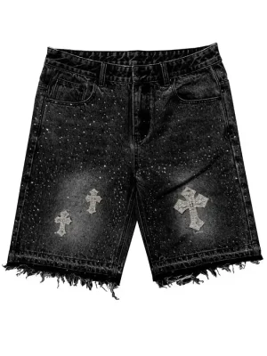 Vintage Cross Rhinestone Denim Shorts Y2K Jeans Mens Womens Harajuku Hip Hop Retro Black Baggy Gym Shorts Low Waist Shorts