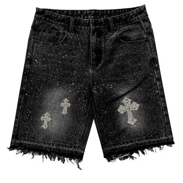 Vintage Cross Rhinestone Denim Shorts Y2K Jeans Mens Womens Harajuku Hip Hop Retro Black Baggy Gym Shorts Low Waist Shorts