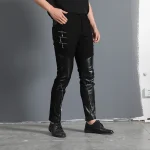 Men`s Gothic Rock Punk Hip Hop Concerts Faux Leather Slim Leisure Stretch skull Zippers Motocycle Rider Biker Pants Trousers