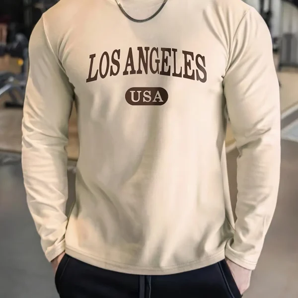 Men's 100% pure cotton loose fit plus size comfortable casual sports Boston letter printed round neck long sleeved T-shirt top