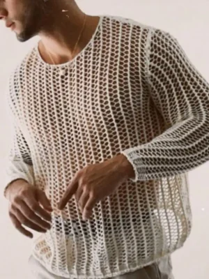 Wear Men Mesh T-shirts Bottoming Shirt Knitted Mesh Top Clothing Autumn Men Knitted Mesh Top Long Sleeve Tees Club Streetwear