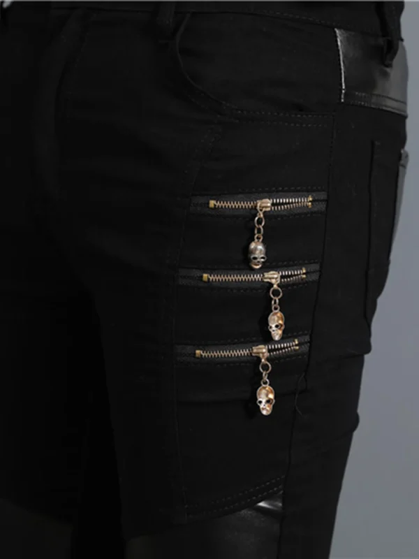 Men`s Gothic Rock Punk Hip Hop Concerts Faux Leather Slim Leisure Stretch skull Zippers Motocycle Rider Biker Pants Trousers