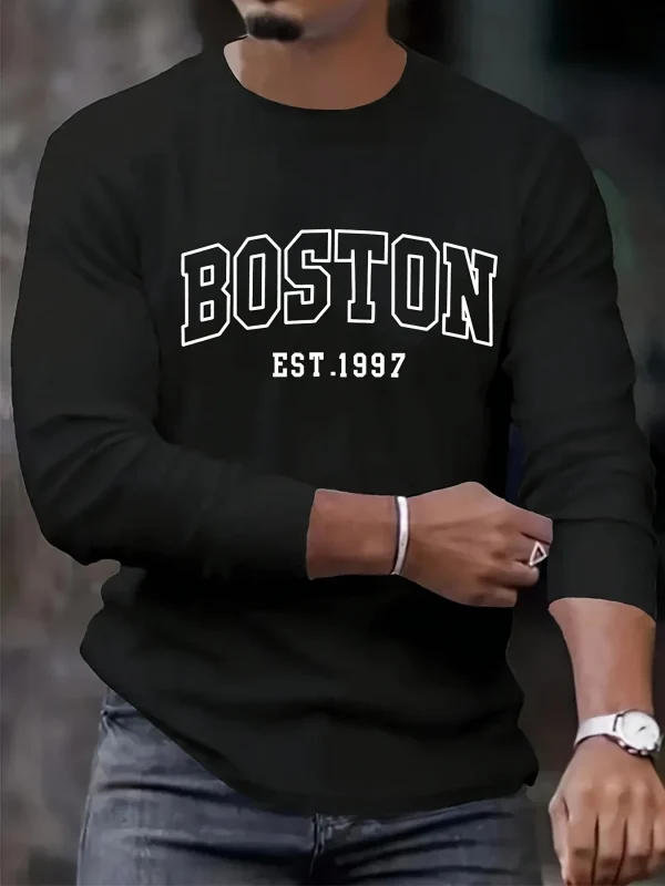 Men's 100% pure cotton loose fit plus size comfortable casual sports Boston letter printed round neck long sleeved T-shirt top