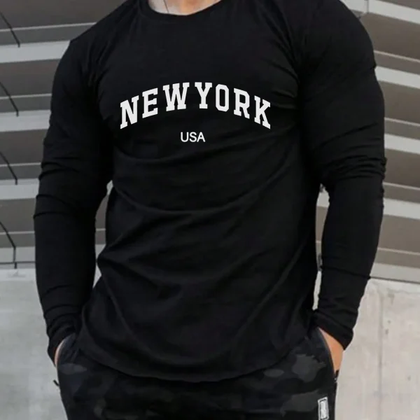 Men's 100% pure cotton loose fit plus size comfortable casual sports Boston letter printed round neck long sleeved T-shirt top