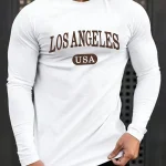 Men's 100% pure cotton loose fit plus size comfortable casual sports Boston letter printed round neck long sleeved T-shirt top
