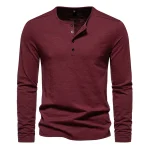Men Long Sleeved T-shirt Cotton Slim Fit Bottoming Shirt Fitness Tops Tees Button Neck Casual Cozy Tshirt
