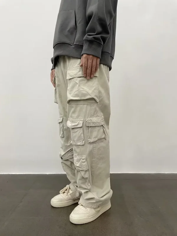 Vintage American Style Multi-pocket Cargo Pants Men Trendy Street Straight-leg Loose-fit Floor-length Wide-leg Trousers