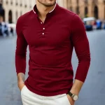 2025 New Men's Casual and Fashionable Solid Color Long Sleeved Stand Up Collar T-shirt Summer Versatile and Comfortable Top