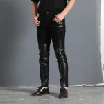 Men`s Gothic Rock Punk Hip Hop Concerts Faux Leather Slim Leisure Stretch skull Zippers Motocycle Rider Biker Pants Trousers