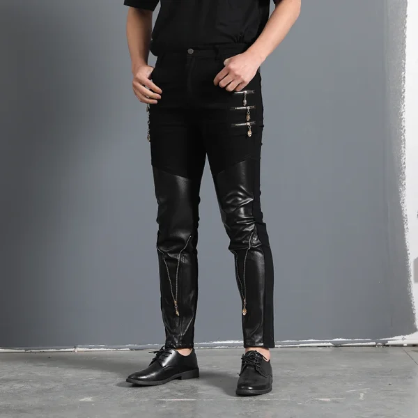 Men`s Gothic Rock Punk Hip Hop Concerts Faux Leather Slim Leisure Stretch skull Zippers Motocycle Rider Biker Pants Trousers