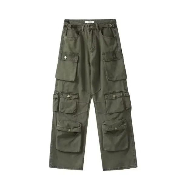 Vintage American Style Multi-pocket Cargo Pants Men Trendy Street Straight-leg Loose-fit Floor-length Wide-leg Trousers