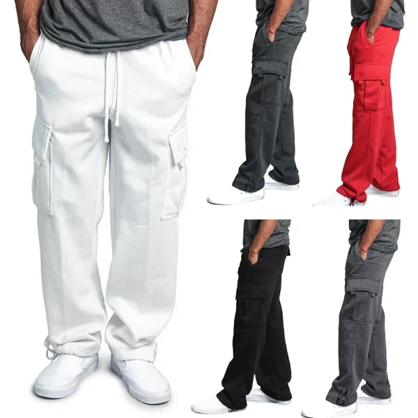 Men's Cargo Sweatpants Straight Fit Joggers Sports Pants Autumn Winter Streetwear Loose Fleece Long Pants Men Multi-pocket Pants