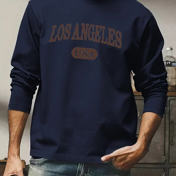 Men's 100% pure cotton loose fit plus size comfortable casual sports Boston letter printed round neck long sleeved T-shirt top