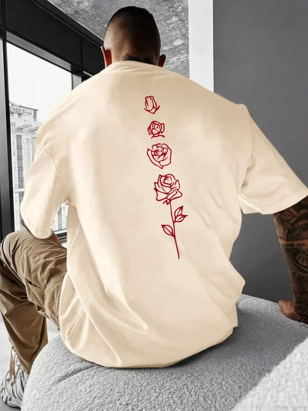 Men's Summer Loose Fit 100 Cotton Rose pattern Print T-shirt Tops