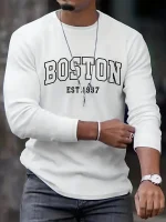 Men's 100% pure cotton loose fit plus size comfortable casual sports Boston letter printed round neck long sleeved T-shirt top