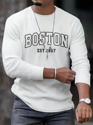 Men's 100% pure cotton loose fit plus size comfortable casual sports Boston letter printed round neck long sleeved T-shirt top