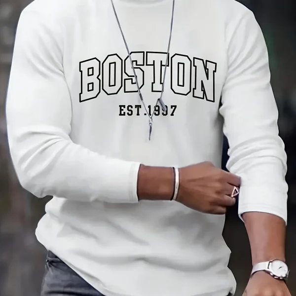 Men's 100% pure cotton loose fit plus size comfortable casual sports Boston letter printed round neck long sleeved T-shirt top