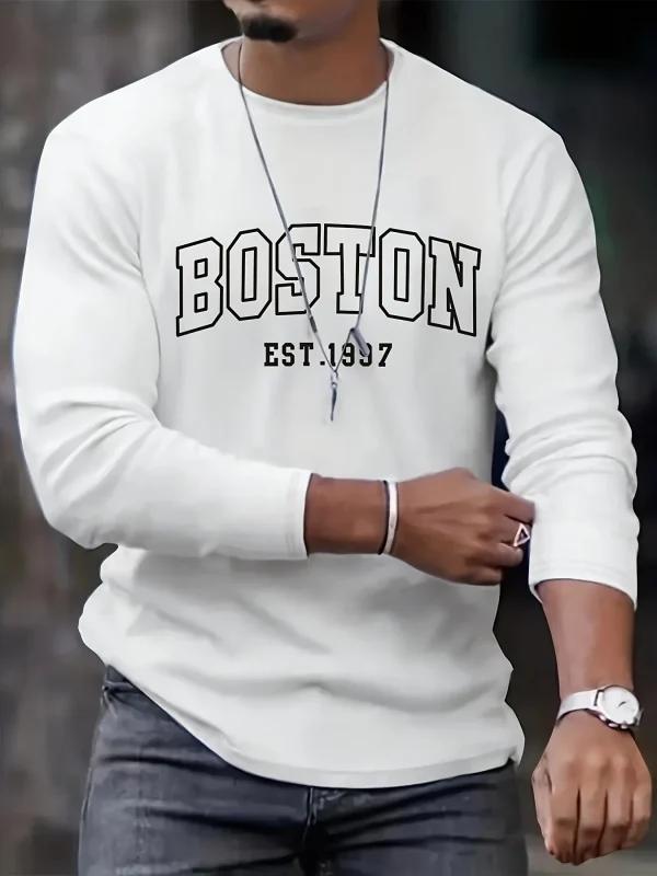 Men's 100% pure cotton loose fit plus size comfortable casual sports Boston letter printed round neck long sleeved T-shirt top