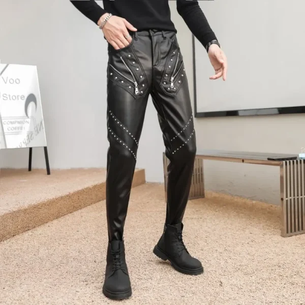 2025 New Arrived Skinny Biker Leather Pants Mens New Faux Leather Biker Trousers for Male Trouser Stage Club Wear