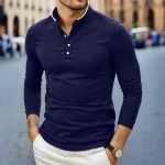 2025 New Men's Casual and Fashionable Solid Color Long Sleeved Stand Up Collar T-shirt Summer Versatile and Comfortable Top