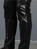 Men`s Gothic Rock Punk Hip Hop Concerts Faux Leather Slim Leisure Stretch skull Zippers Motocycle Rider Biker Pants Trousers