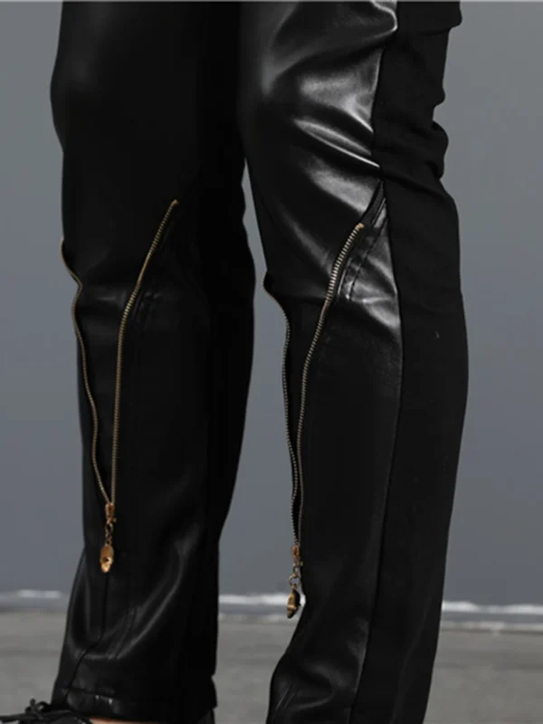 Men`s Gothic Rock Punk Hip Hop Concerts Faux Leather Slim Leisure Stretch skull Zippers Motocycle Rider Biker Pants Trousers