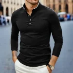 2025 New Men's Casual and Fashionable Solid Color Long Sleeved Stand Up Collar T-shirt Summer Versatile and Comfortable Top