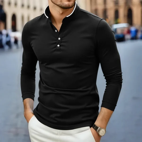 2025 New Men's Casual and Fashionable Solid Color Long Sleeved Stand Up Collar T-shirt Summer Versatile and Comfortable Top