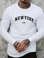 Men's 100% pure cotton loose fit plus size comfortable casual sports Boston letter printed round neck long sleeved T-shirt top