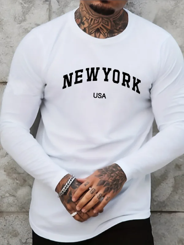 Men's 100% pure cotton loose fit plus size comfortable casual sports Boston letter printed round neck long sleeved T-shirt top