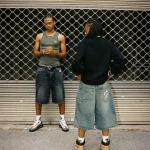 American retro personalized street pattern printed denim shorts for men and women loose fitting washed distressed shorts