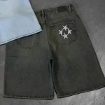 American retro personalized street pattern printed denim shorts for men and women loose fitting washed distressed shorts