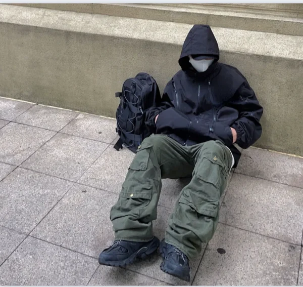 Vintage American Style Multi-pocket Cargo Pants Men Trendy Street Straight-leg Loose-fit Floor-length Wide-leg Trousers