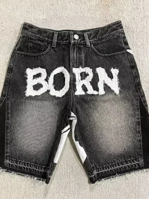 Summer New Fashion Letters Flocking Embroidery Casual Denim Shorts Men Y2K Harajuku Vintage Popular High Waist Wide Leg Shorts