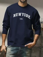 Men's 100% pure cotton loose fit plus size comfortable casual sports Boston letter printed round neck long sleeved T-shirt top