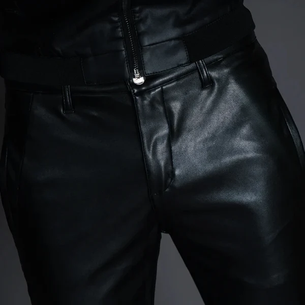 New Mens Skinny Biker Leather Pants Fashion Faux Leather Motorcycle Trousers For Male Stage Club Wear